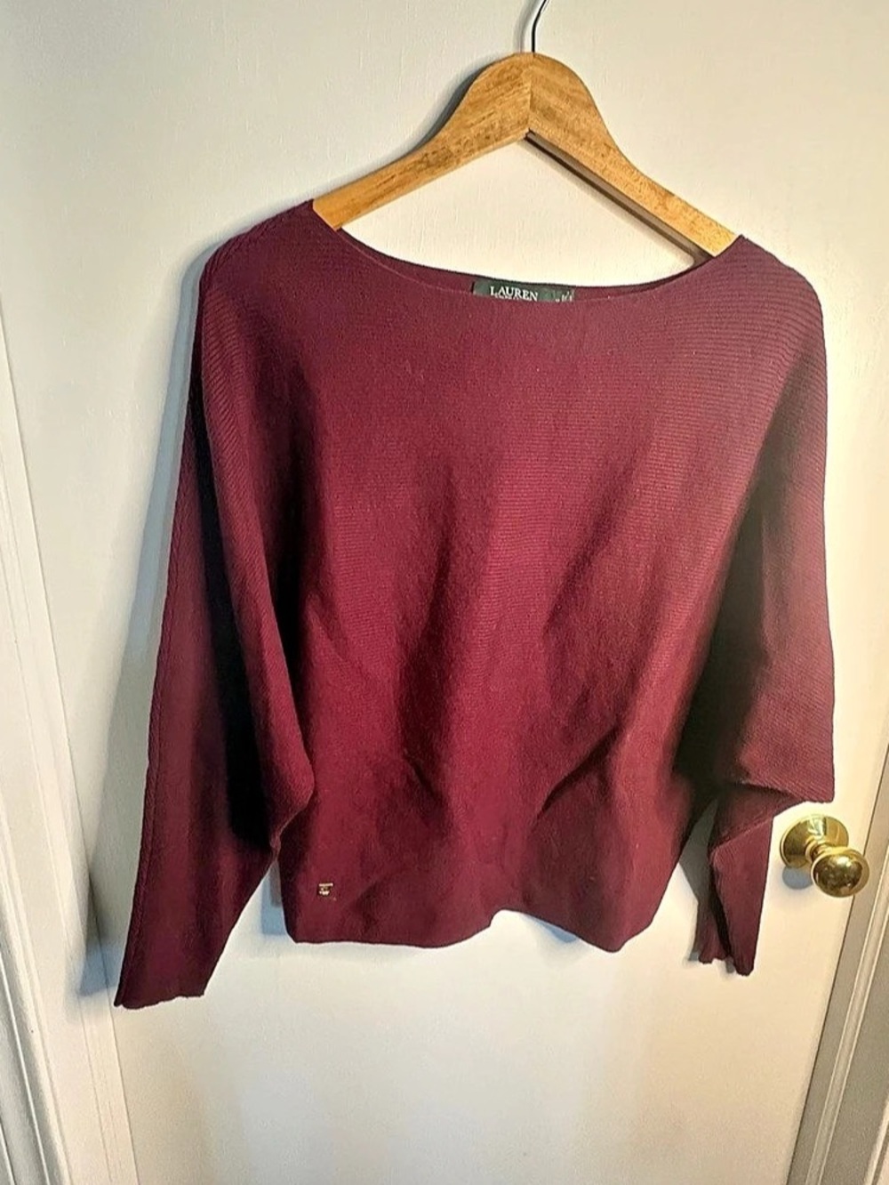 Lauren Ralph Lauren Sz M Ribbed Long Dolman Sleeve Top Purple Boat Neck Preppy